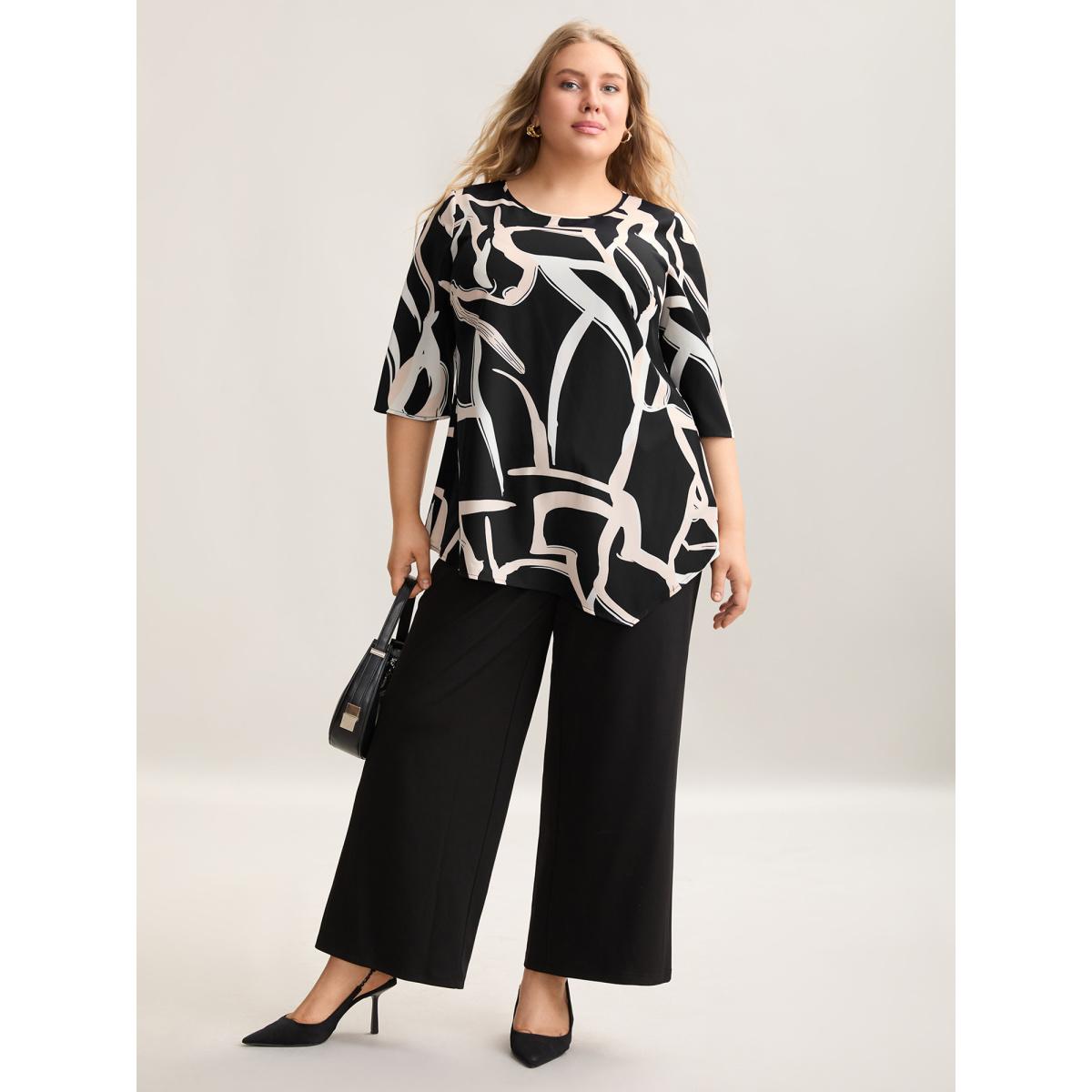 Plus Size Black Asymmetrical Line Print Hi Low Hem Blouse Women At the Office Elbow-length sleeve Round Neck Work Blouses BloomChic 30/6X Product Image