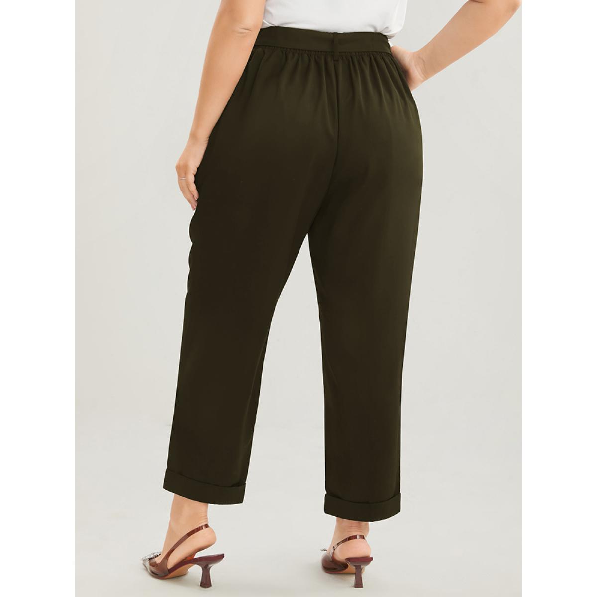 Plus Size Plain Elastic Waist Belted Pocket Mid Rise Pants Women ArmyGreen Office Mid Rise Dailywear Pants BloomChic 18-20/2X Product Image