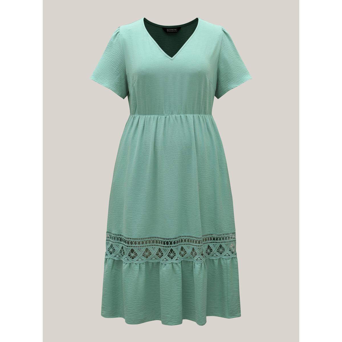 Plus Size Lace Cut-Out Lotus Leaf Sleeve Midi Dress Greenbean Women Elegant Woven ribbon&lace trim V-neck Sleeveless Curvy BloomChic 26/4X Product Image