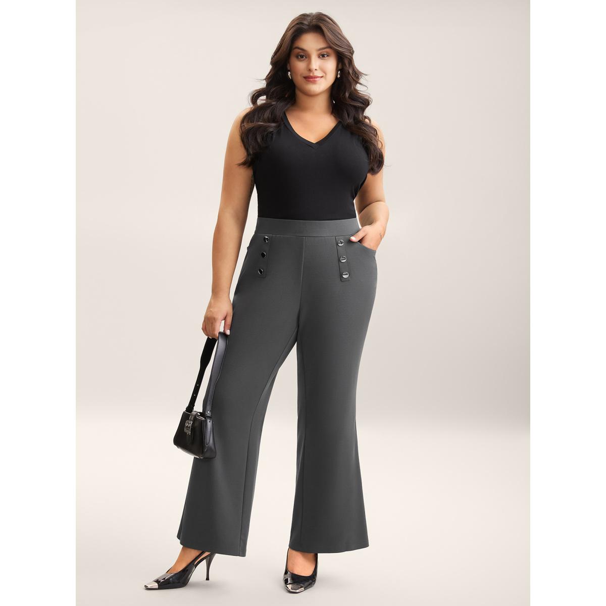 Plus Size Button No-Waist Gap Pull On Pants Women DimGray At the Office Bootcut Mid Rise Work Pants BloomChic 14-16/1X Product Image