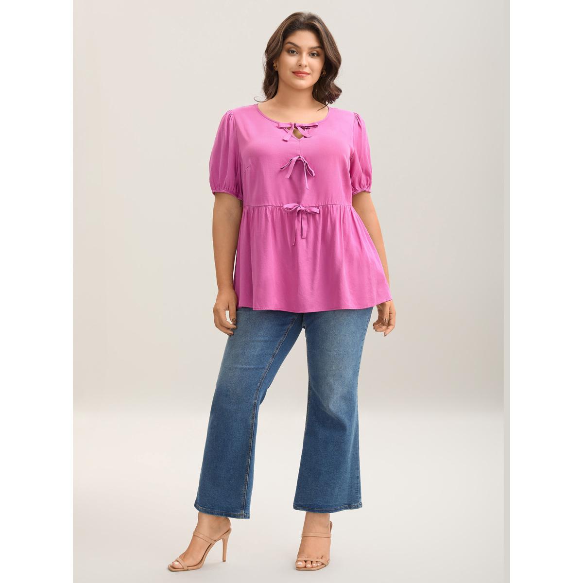 Plus Size Peach Bow Detail Plain Babydoll Puff Sleeve Shirt Women Short sleeve Round Neck Everyday-Elegant Blouses BloomChic 18-20/2X Product Image