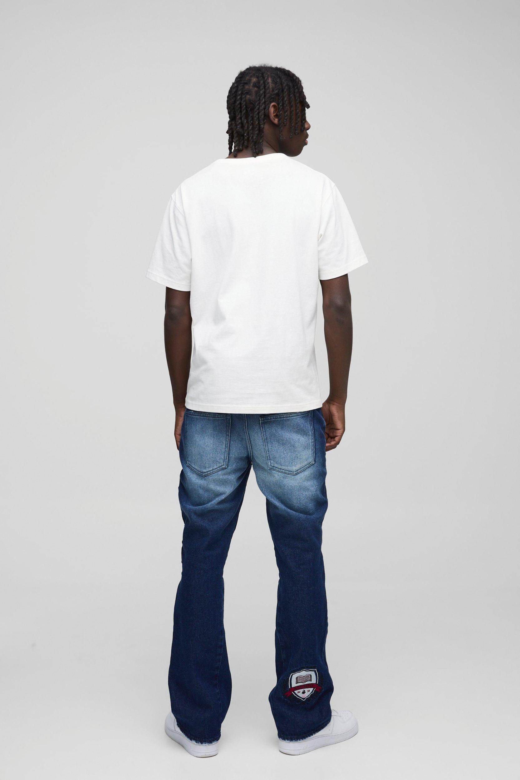 Slim Flared Applique Badge Washed Gusset Jeans | boohooMAN USA Product Image