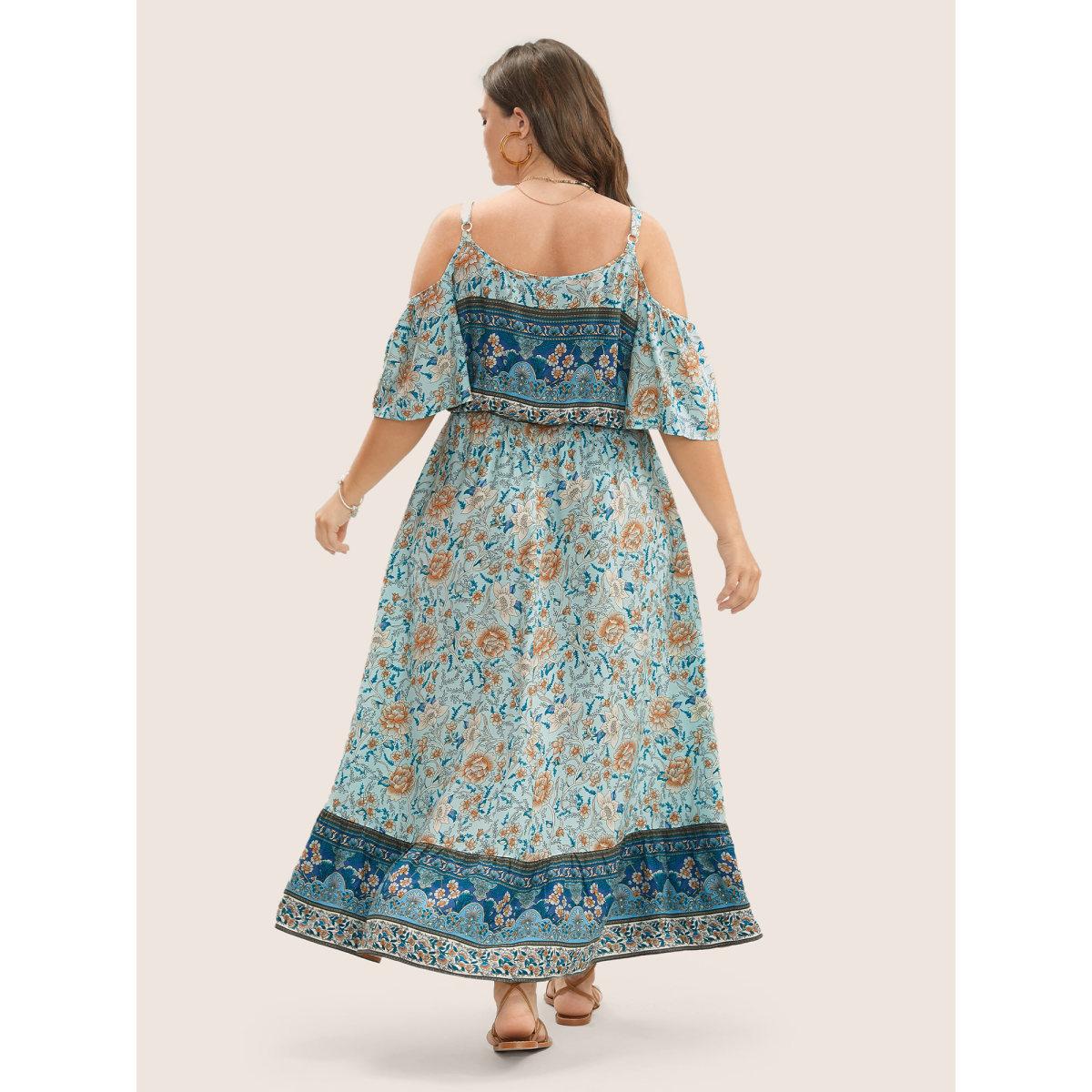 Plus Size Floral Print Pocket Keyhole Ruffles Cold Shoulder Maxi Dress Emerald Women Boho Non Non Half Sleeve Curvy Long Dress BloomChic 18-20/2X Product Image