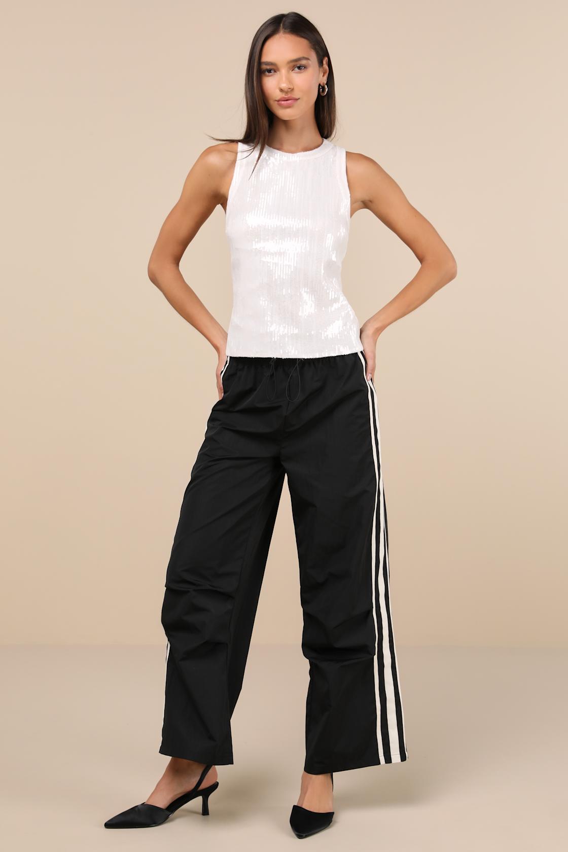 Sporty Sweetie Black Nylon Drawstring Wide-Leg Athletic Pants Product Image