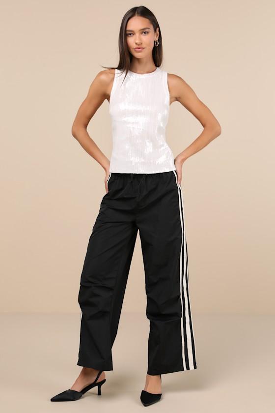 Sporty Sweetie Black Nylon Drawstring Wide-Leg Athletic Pants Product Image