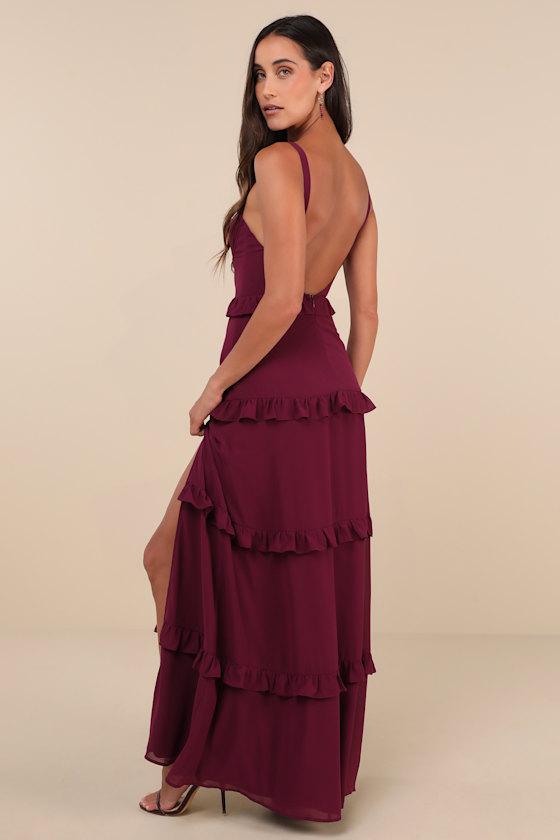 Sincerely Poised Plum Purple Backless Bustier Tiered Maxi Dress Product Image