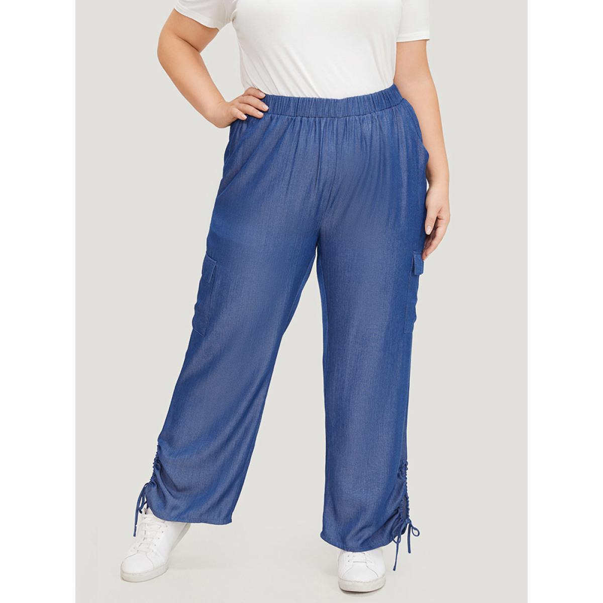 Plus Size Solid Flap Pocket Drawstring Cut Out Pants Women Blue Casual High Rise Dailywear Pants BloomChic 22-24/3X Product Image
