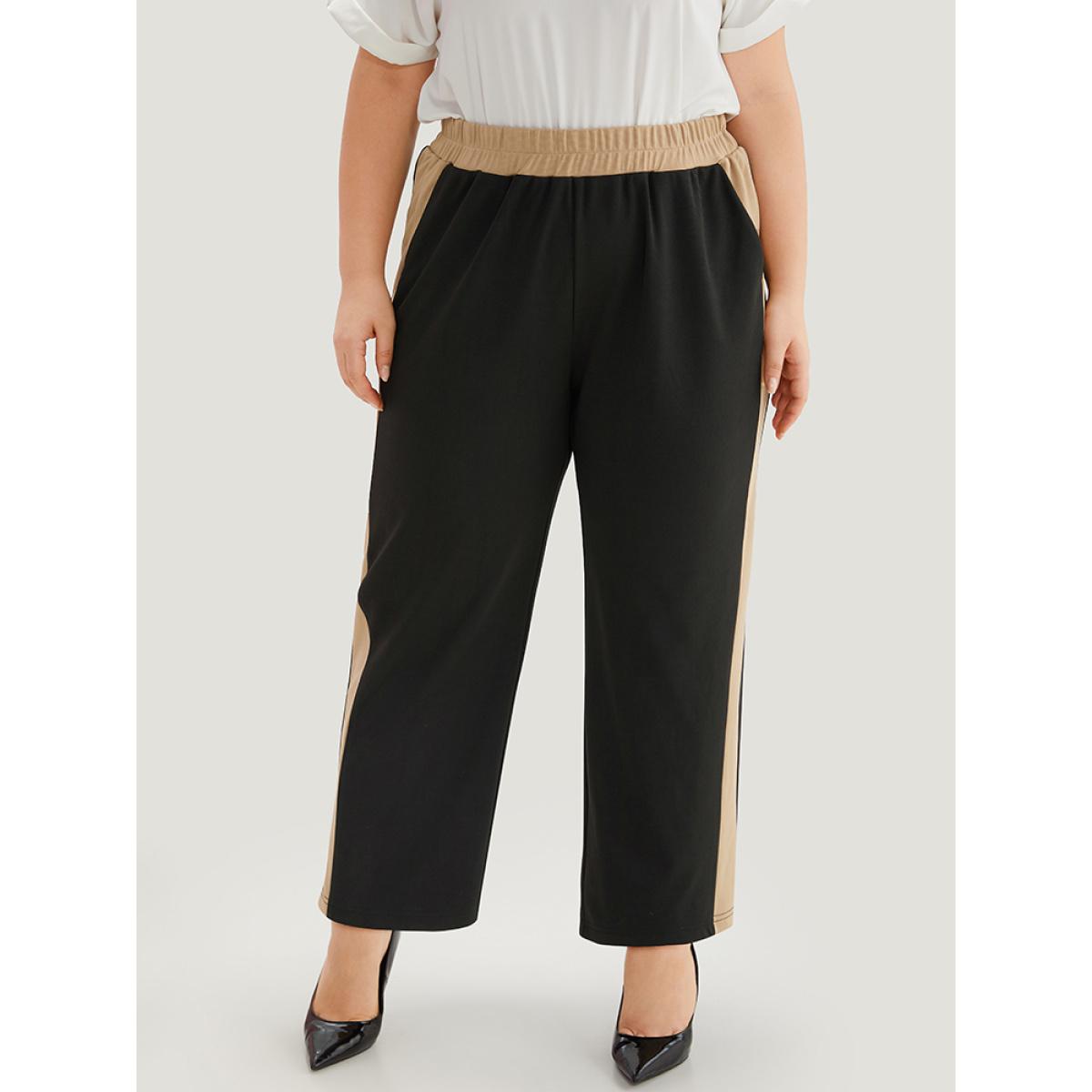 Plus Size Two Tone Elastic Waist Pocket Pants Women Black Office High Rise Office Pants BloomChic 30/6X Product Image