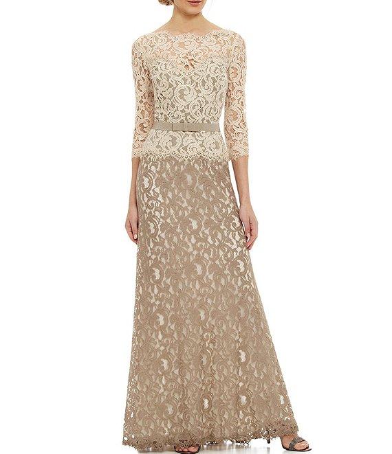 Tadashi Shoji Illusion Boat Neck 3/4 Sleeve Two Tone Floral Lace Scallop Hem Belted Gown Product Image