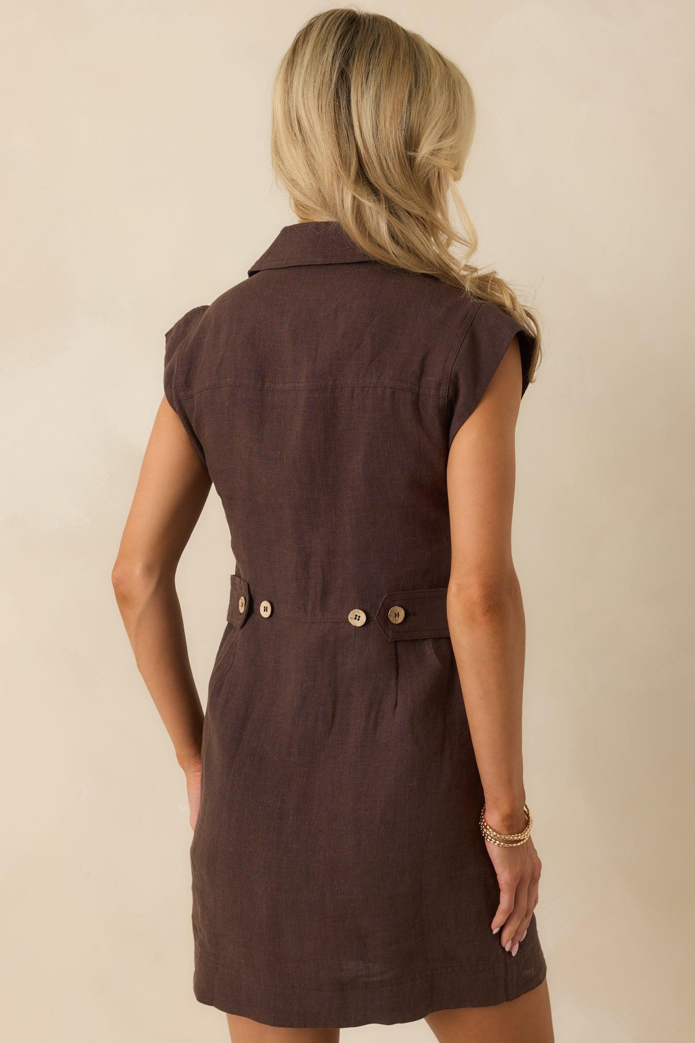 Never A Bad Day Dark Brown Linen Button Front Mini Dress L / Dark Brown Product Image