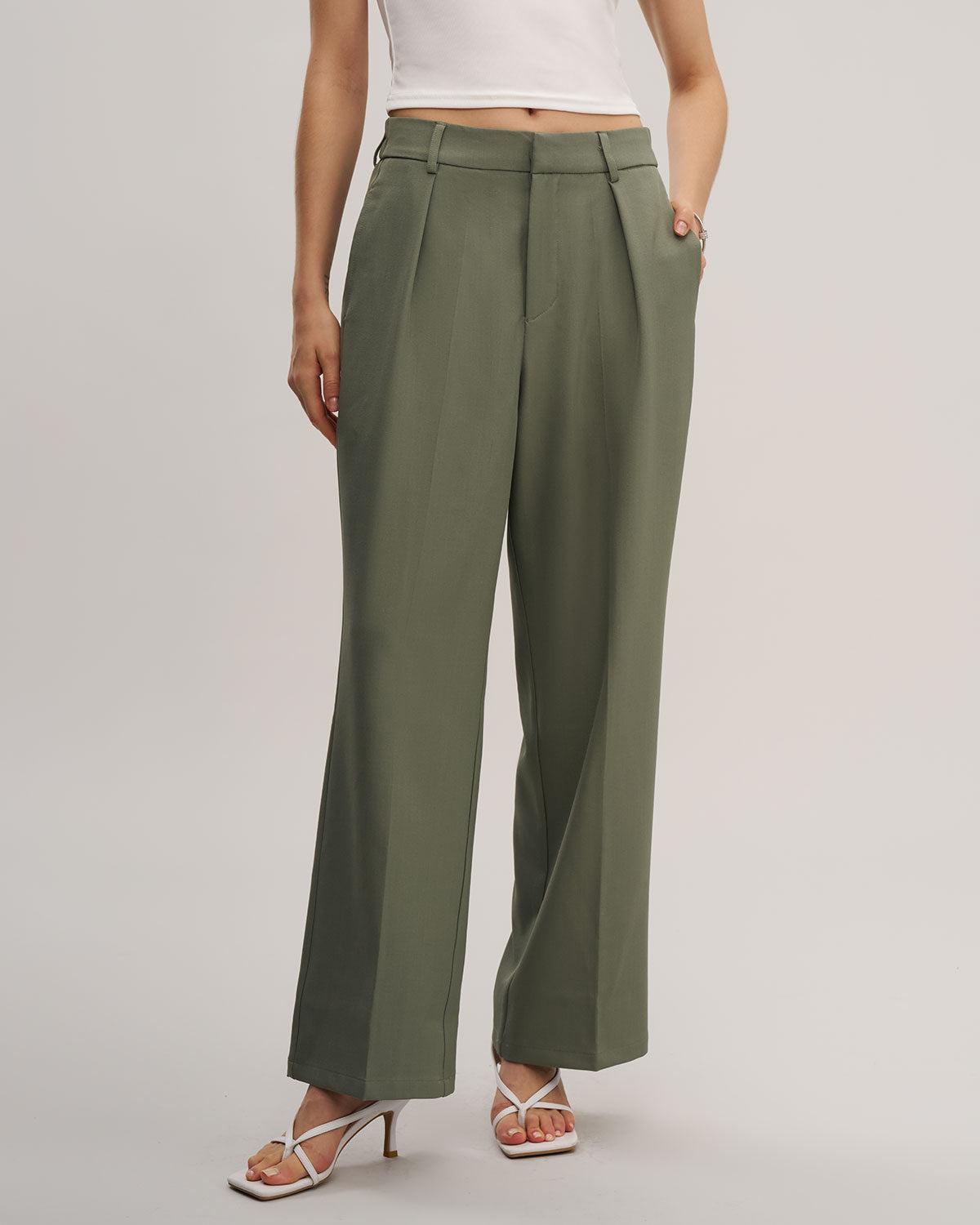 Green Elastic Waist Straight Pants Product Image
