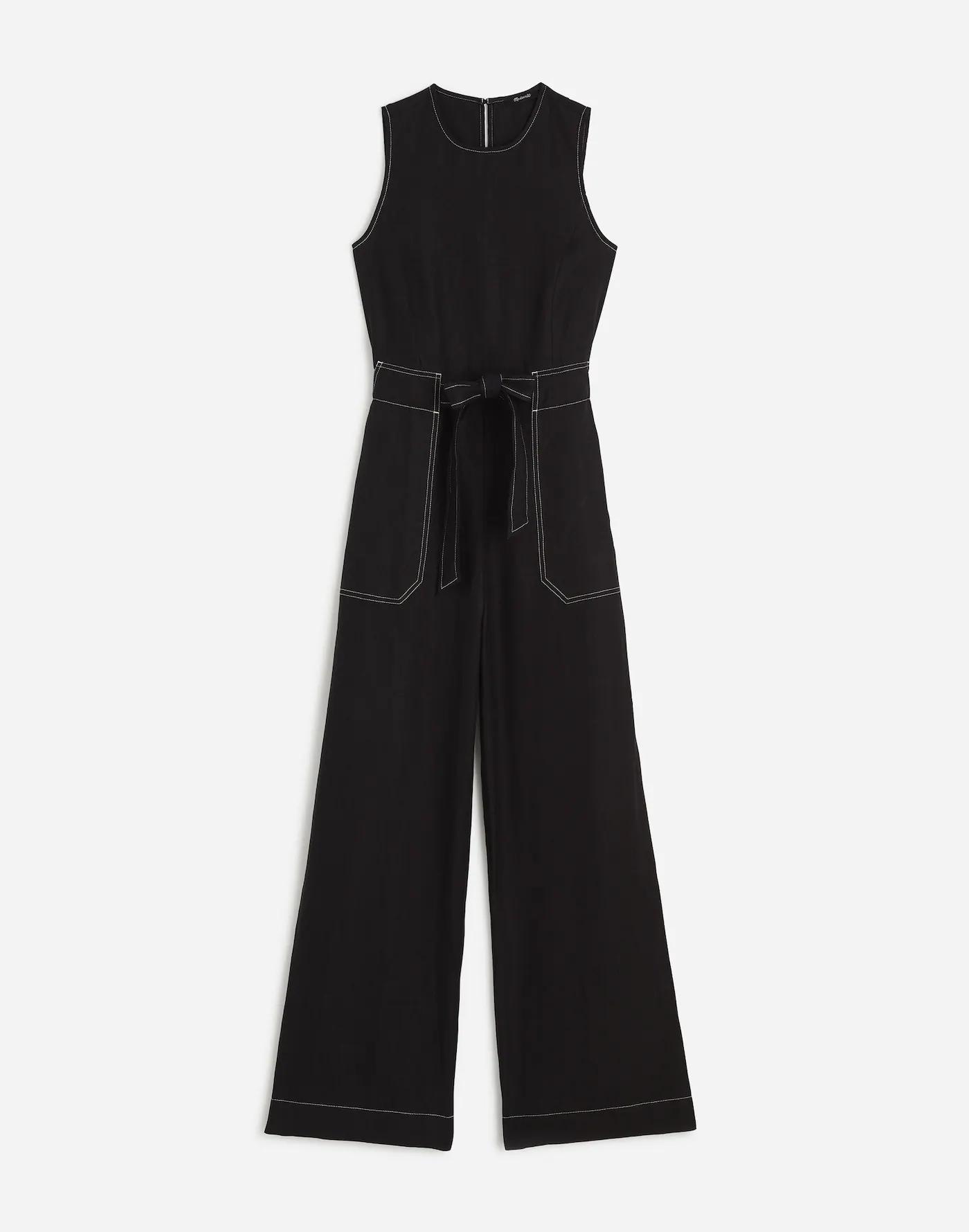 Contrast-Stitch Relaxed Straight-Leg Jumpsuit in Linen Product Image