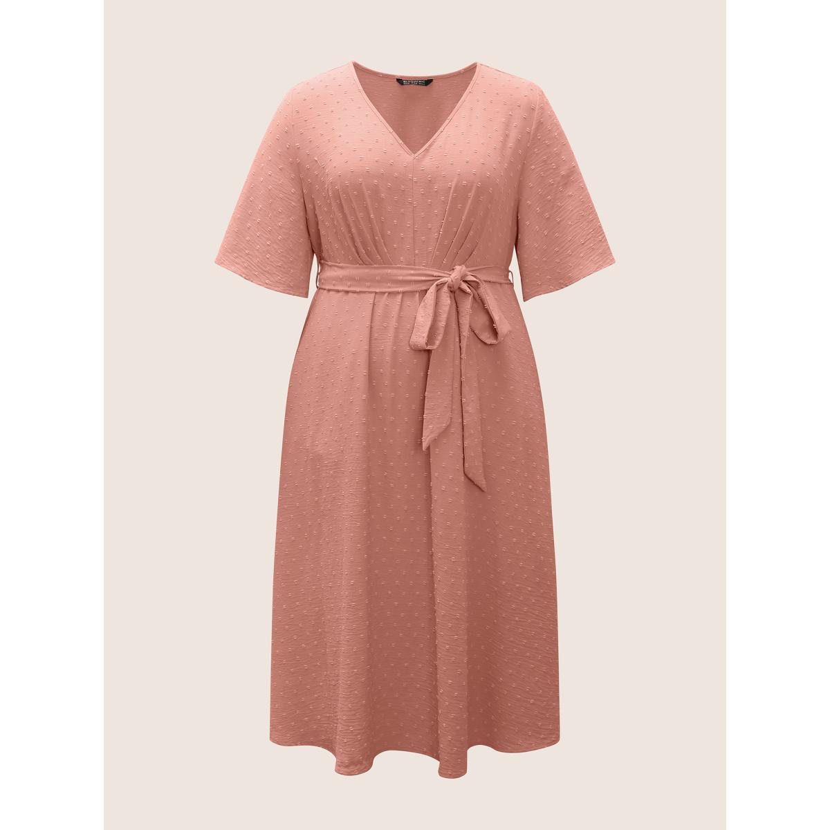 Plus Size Solid Texture Belted Ruffle Sleeve Dress Rouge Women Elegant Non V-neck Half Sleeve Curvy Midi Dress BloomChic 26/4X Product Image