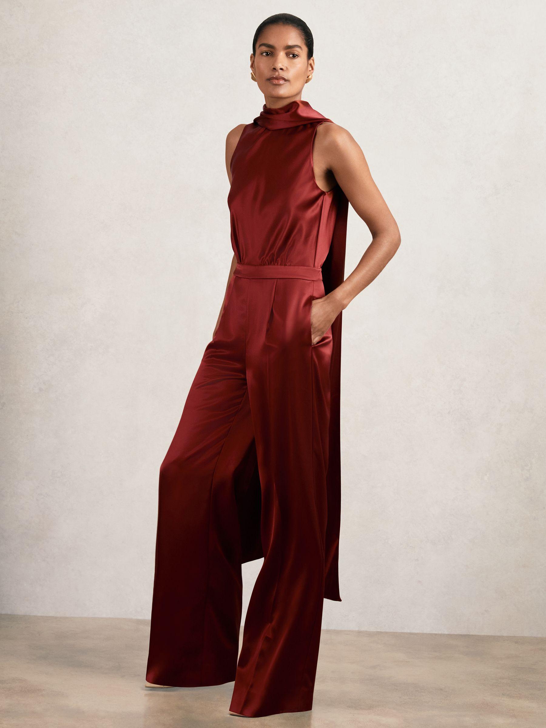 Petite Satin Cape-Sash Jumpsuit in Dark Red Product Image