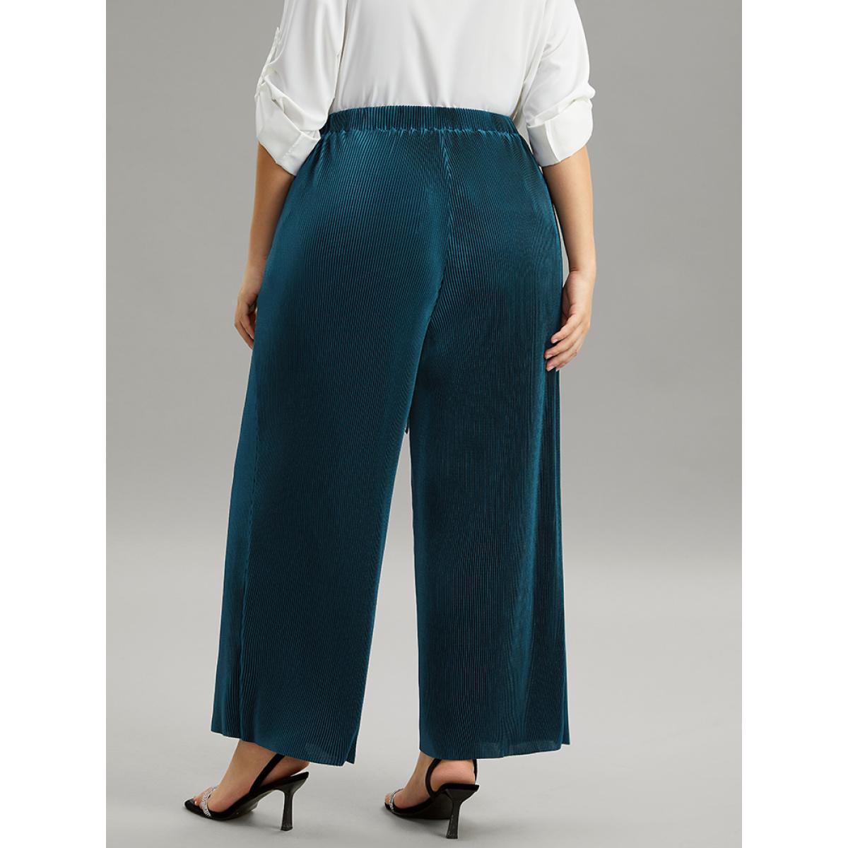 Plus Size Solid Ties Plested Straight Leg Pants Women Cyan Office Wide Leg High Rise Dailywear Pants BloomChic 22-24/3X Product Image