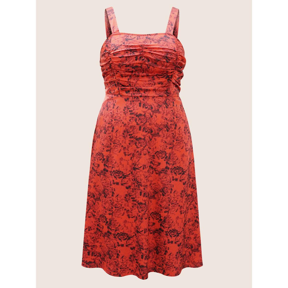 Plus Size Floral Print Ruched Detail Adjustable Straps Dress Raspberry Women Elegant Gathered Spaghetti Strap Sleeveless Curvy Midi Dress BloomChic 10/M Product Image