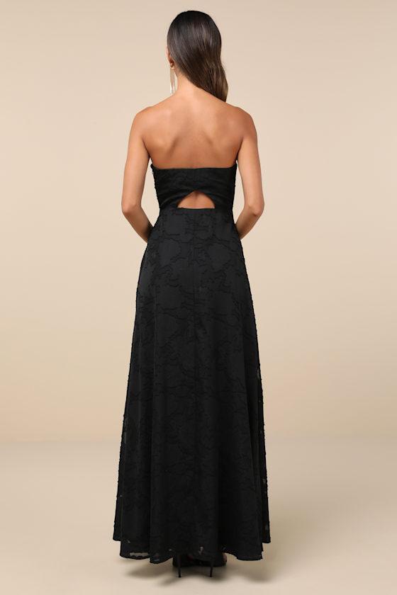 Garden of Romance Black Floral Burnout Strapless Maxi Dress Product Image