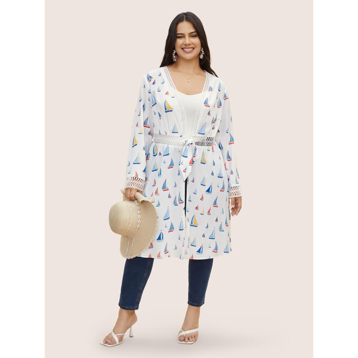 Plus Size Marine Elements Knotted Cut Out Kimono Women Indigo Resort Contrast Vacation Kimonos BloomChic 10/M Product Image