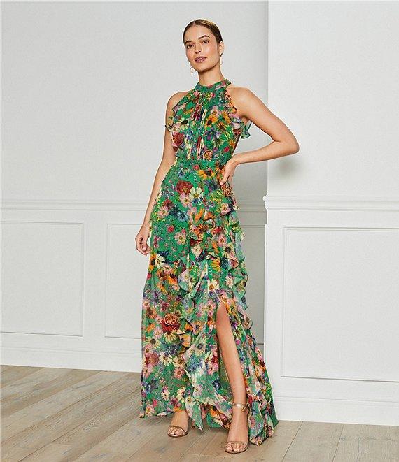 Betsy & Adam Halter Neck Sleeveless Ruffle Front Floral Chiffon Maxi Dress Product Image