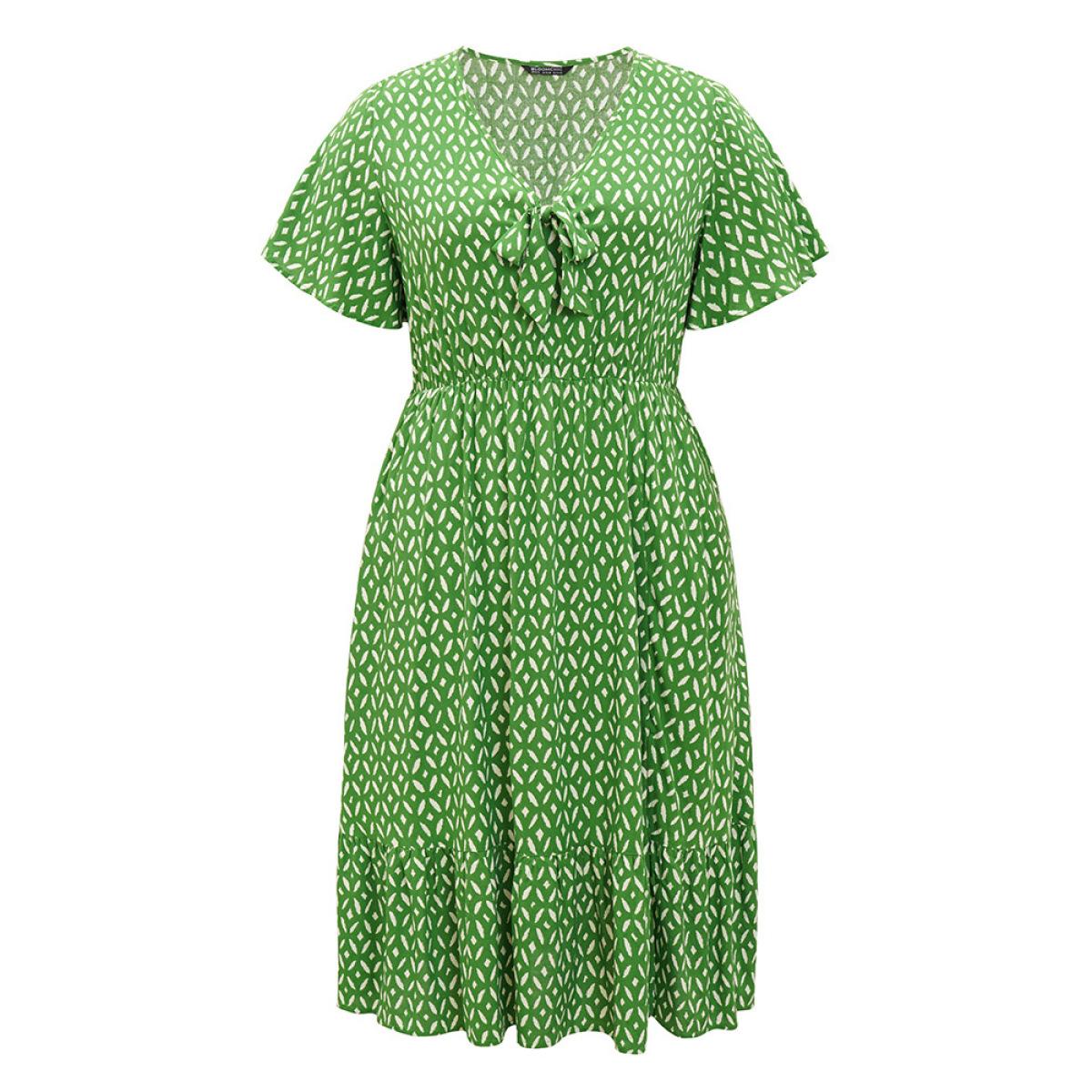 Plus Size Geometric Print Split Knot Reffles Elastic Waist Dress Green Women Elegant Knotted V-neck Short sleeve Curvy Midi Dress BloomChic 12/L Product Image