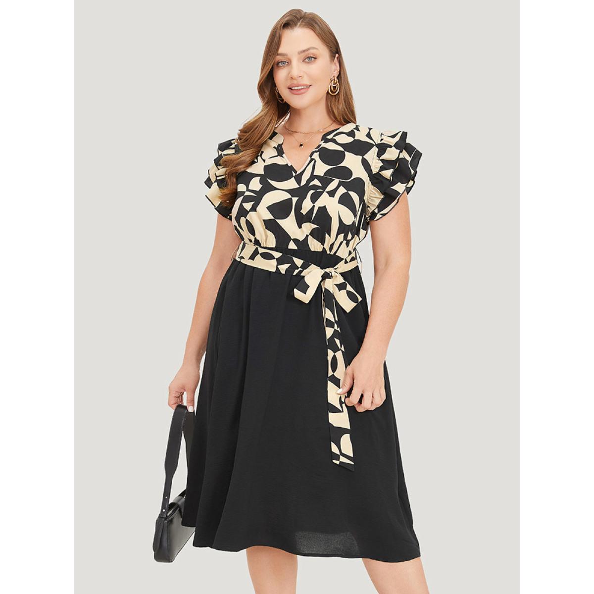 Plus Size Geometric Pocket Belted Ruffle Sleeve Notched Dress Tan Women Office Plain Notched collar Cap Sleeve Curvy Midi Dress BloomChic 30/6X Product Image