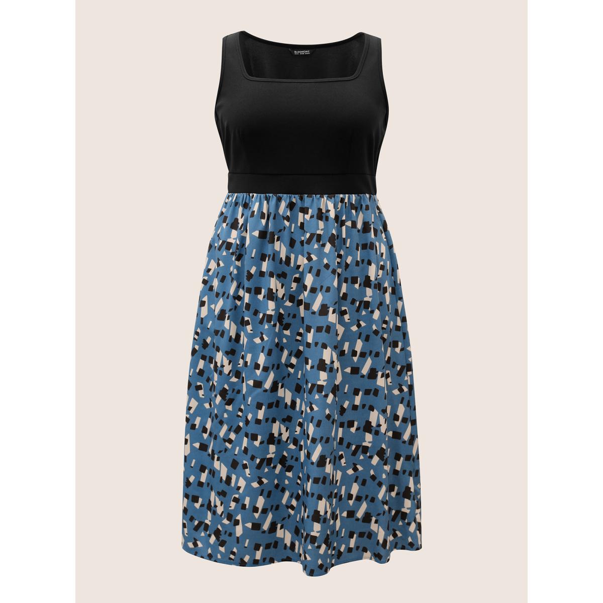 Plus Size Geometric Patchwork Square Neck Pocket Dress Blue Women At the Office Patchwork Square Neck Sleeveless Curvy Midi Dress BloomChic 26/4X Product Image