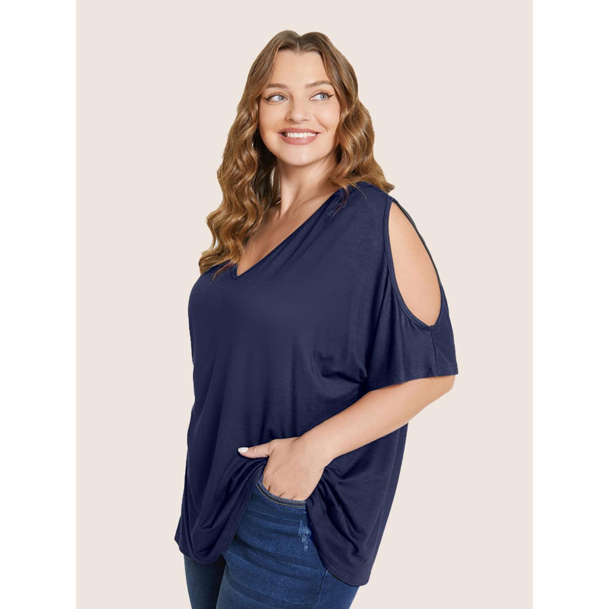 Plus Size Plain Cut Out V Neck T-shirt DarkBlue Women Elegant Cut-Out Plain V-neck Everyday T-shirts BloomChic 14-16/1X Product Image