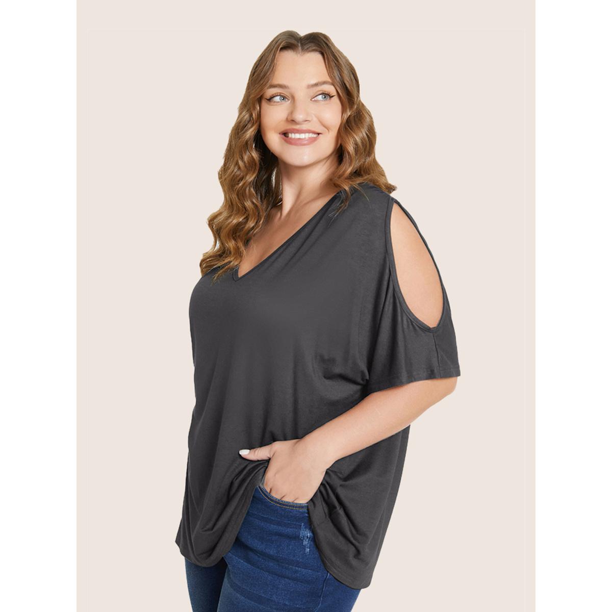 Plus Size Plain Cut Out V Neck T-shirt DarkBlue Women Elegant Cut-Out Plain V-neck Everyday T-shirts BloomChic 14-16/1X Product Image