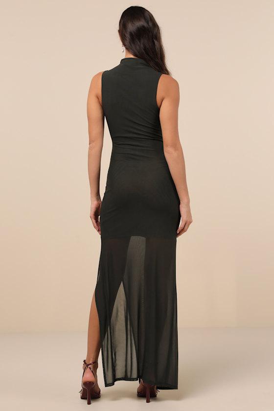 Renowned Glamour Olive Green Mesh Mock Neck Maxi Dress Product Image
