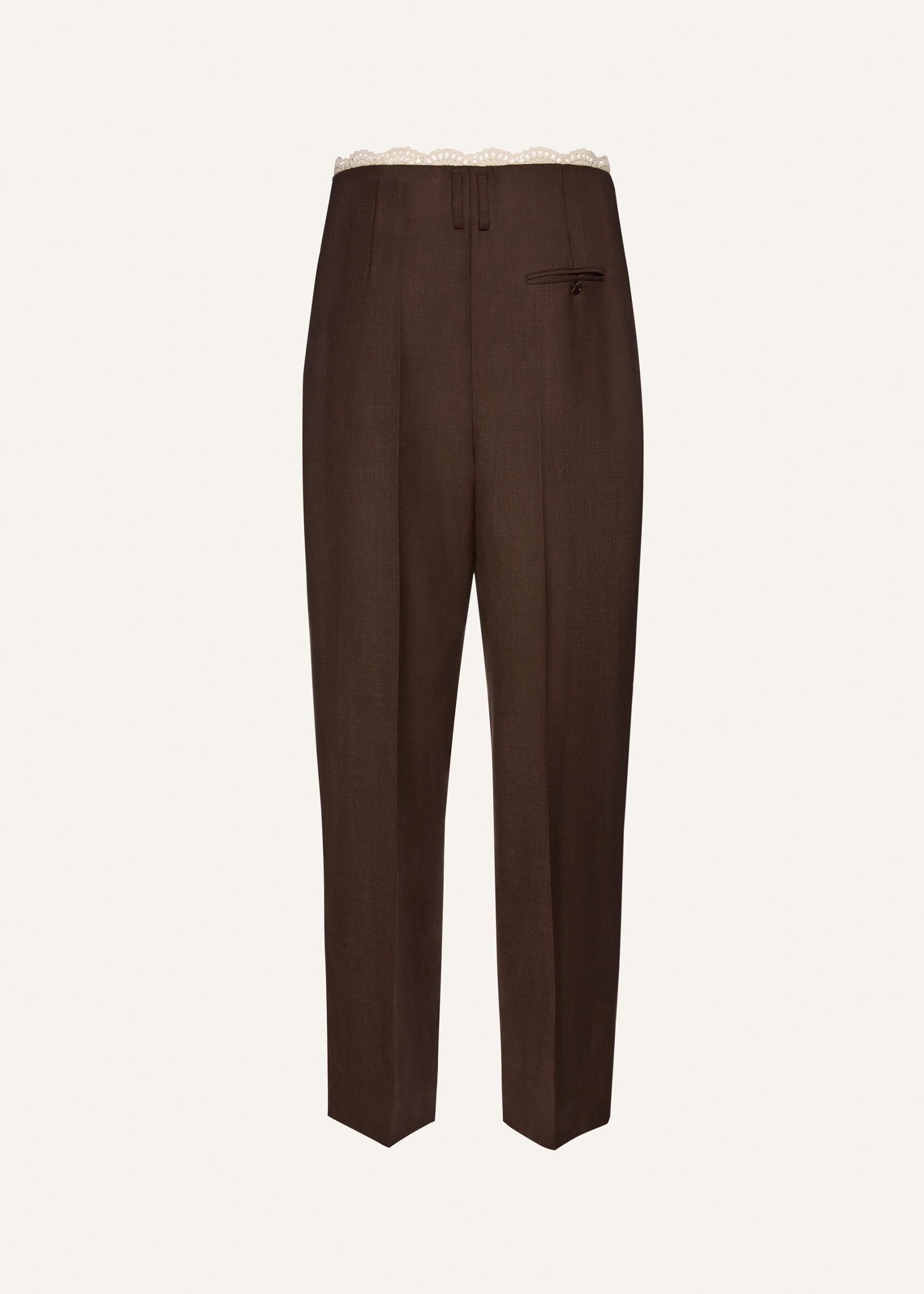 Lace-detail wool tapered trousers in brown Product Image