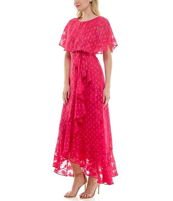 Moda Tara Foil Chiffon Short Capelet Sleeve Crew Neck Ruffle Skirt Maxi Dress Product Image