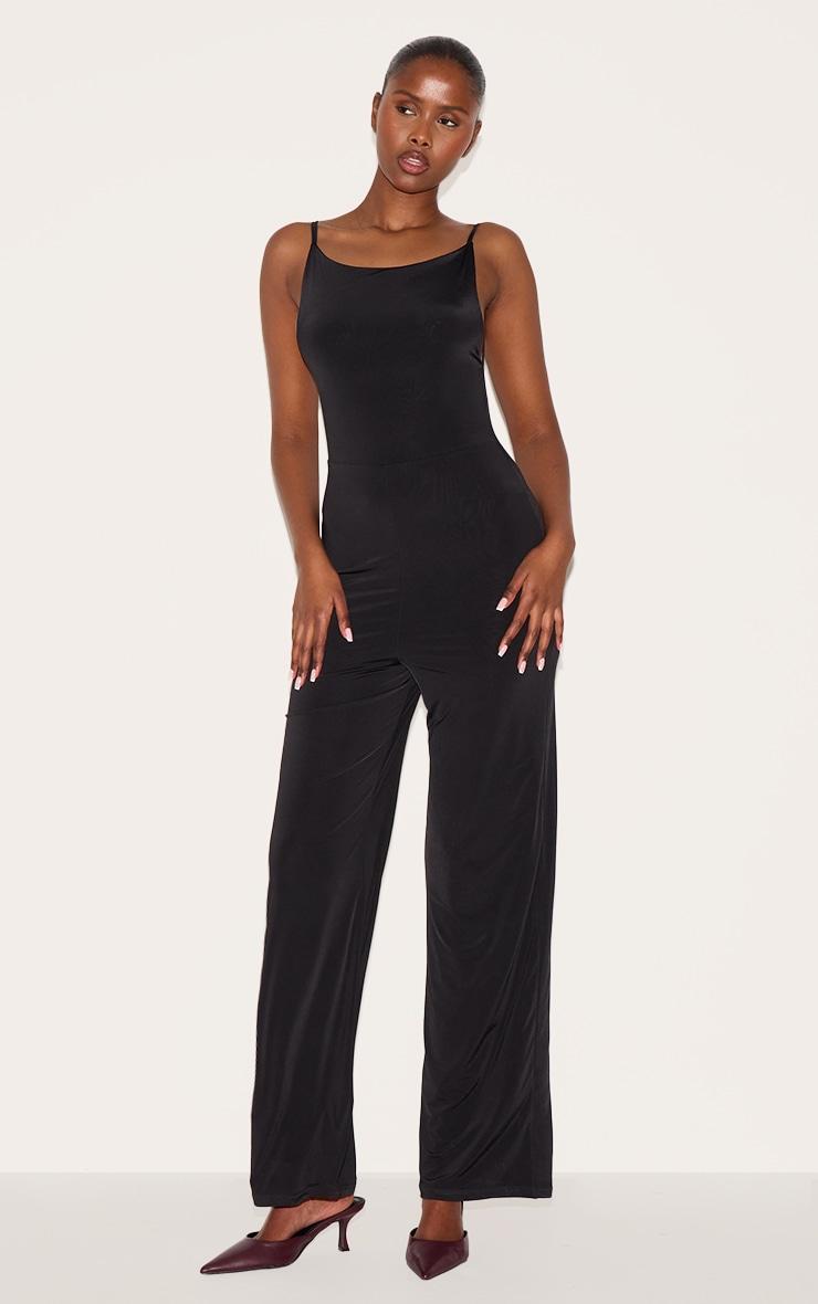 Black Double Layer Slinky Low Back Strappy Wide Leg Jumpsuit Product Image