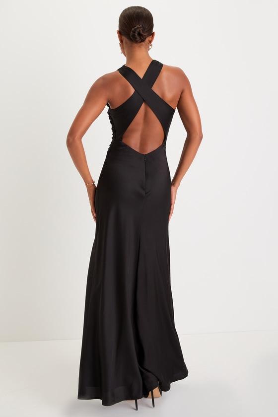 Effortlessly Sensational Black Satin Backless Maxi Dress Product Image