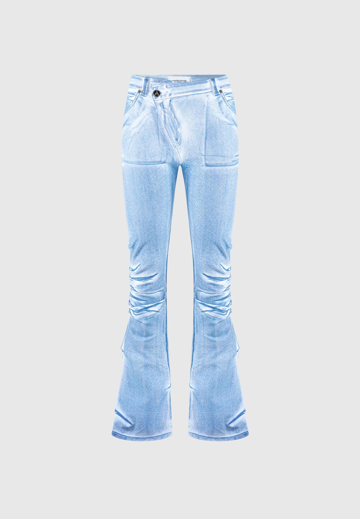 Denim Effect Tacked Fit and Flare Jeans - White/Blue Female Product Image
