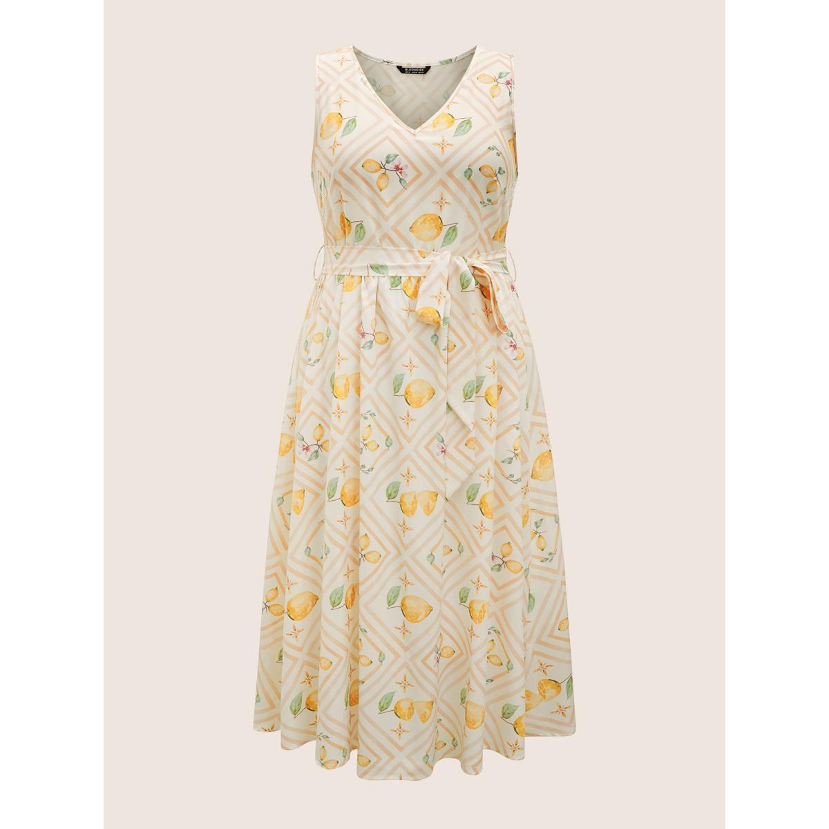 Plus Size Citrus Lemon Print Gathered Belted Tank Dress Ivory Women Elegant Belted V-neck Sleeveless Curvy Midi Dress BloomChic 28/5X Product Image