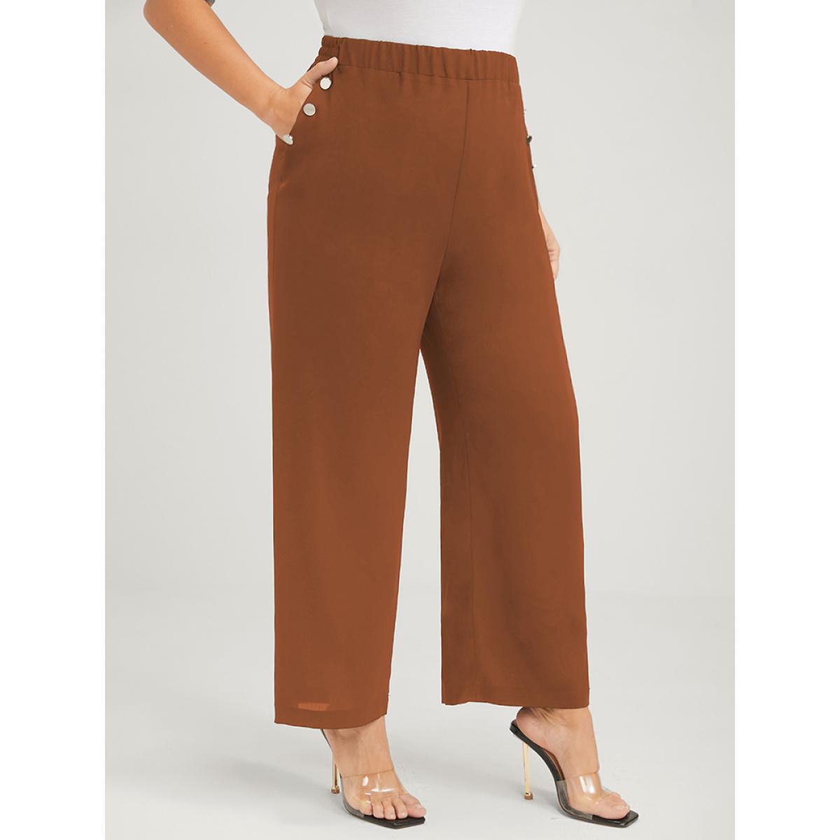Plus Size Solid Pocket Button Detail Elastic Waist Pants Women Chocolate Office High Rise Work Pants BloomChic 22-24/3X Product Image
