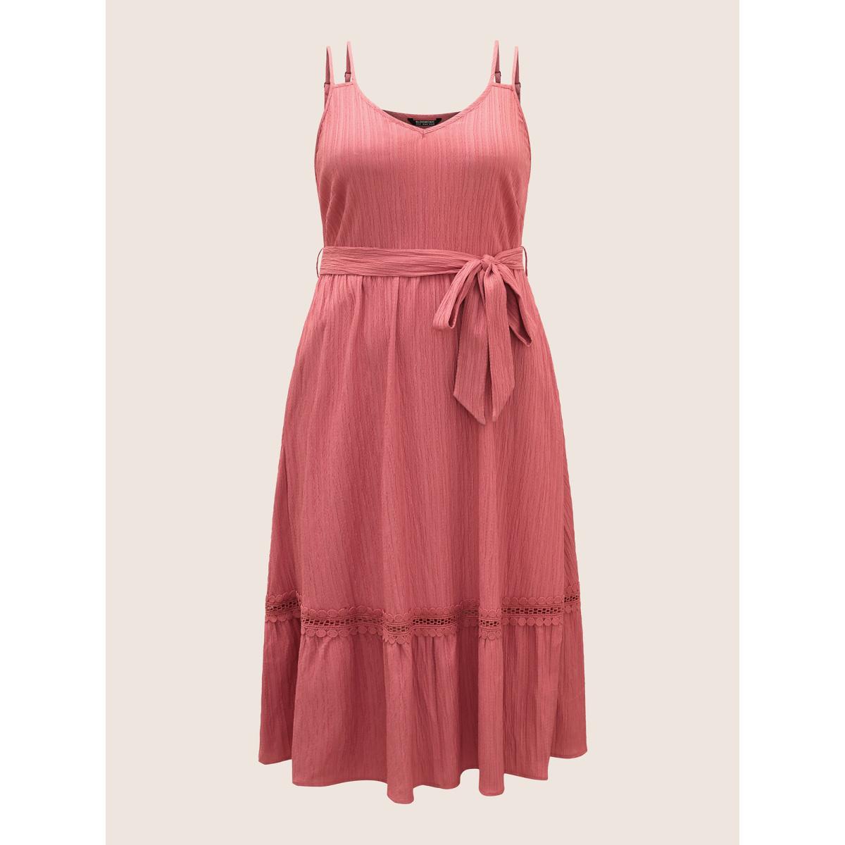 Plus Size Plain Texture Woven Ribbon Belted Dress Watermelon Women Elegant Woven ribbon&lace trim V-neck Sleeveless Curvy BloomChic 14-16/1X Product Image