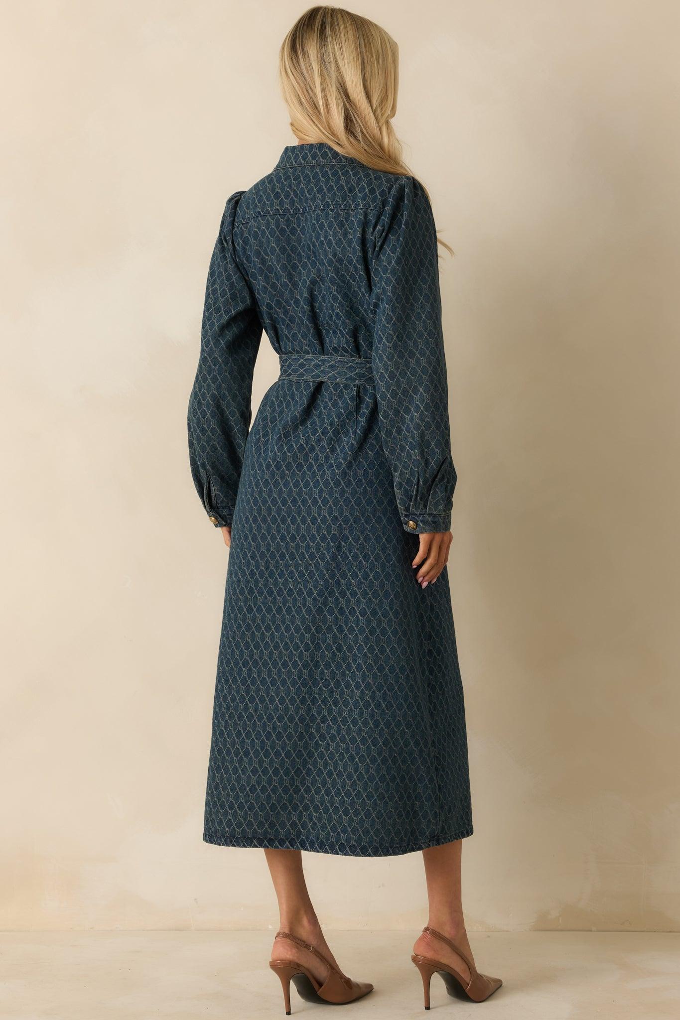 Just As I Said Blue Cotton Patterned Denim Belted Midi Dress Product Image