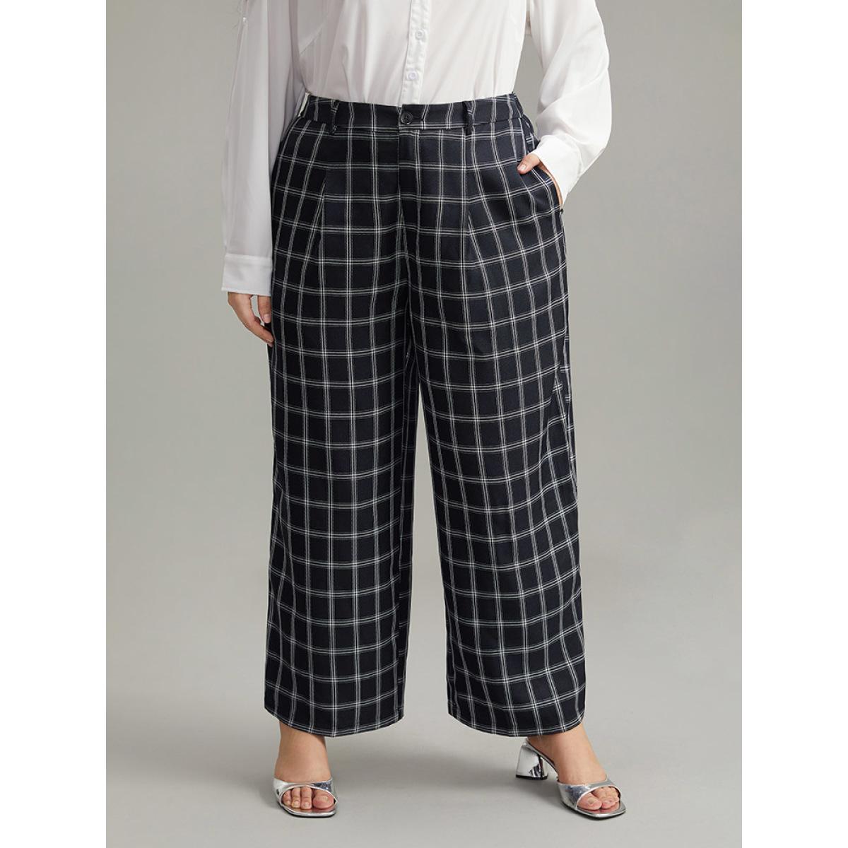 Plus Size Plaid Straight Leg Pocket Pants Women Indigo Office Straight Leg High Rise Work Pants BloomChic 18-20/2X Product Image