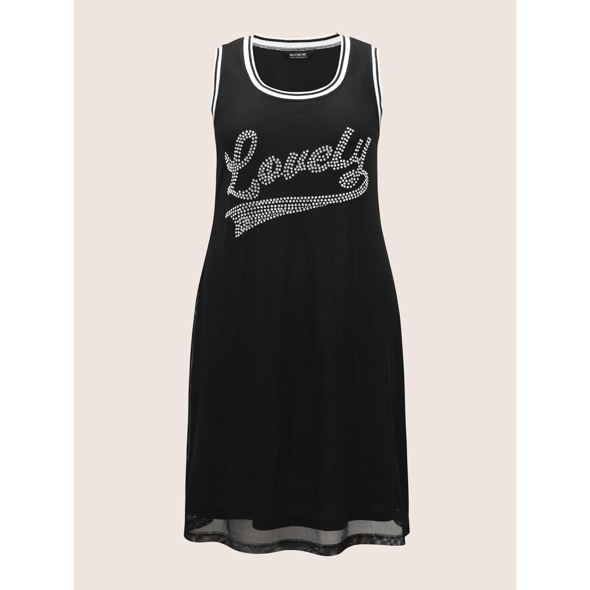Plus Size Letter Rhinestone Mesh Patchwork Sleeveless Dress Black Women Casual Rhinestone detailing Round Neck Sleeveless Curvy BloomChic 22-24/3X Product Image