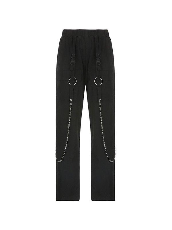 Buckle Strap Black Cargo Pants Product Image