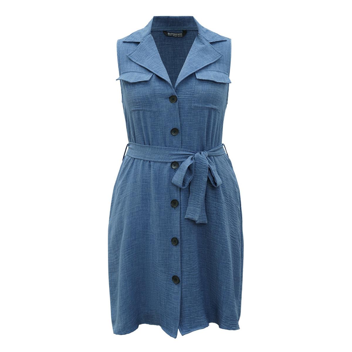 Plus Size Suit Collar Belted Pocket Button Through Sleeveless Dress Blue Women Elegant Belted Suit Collar Sleeveless Curvy Knee Dress BloomChic 14-16/1X Product Image