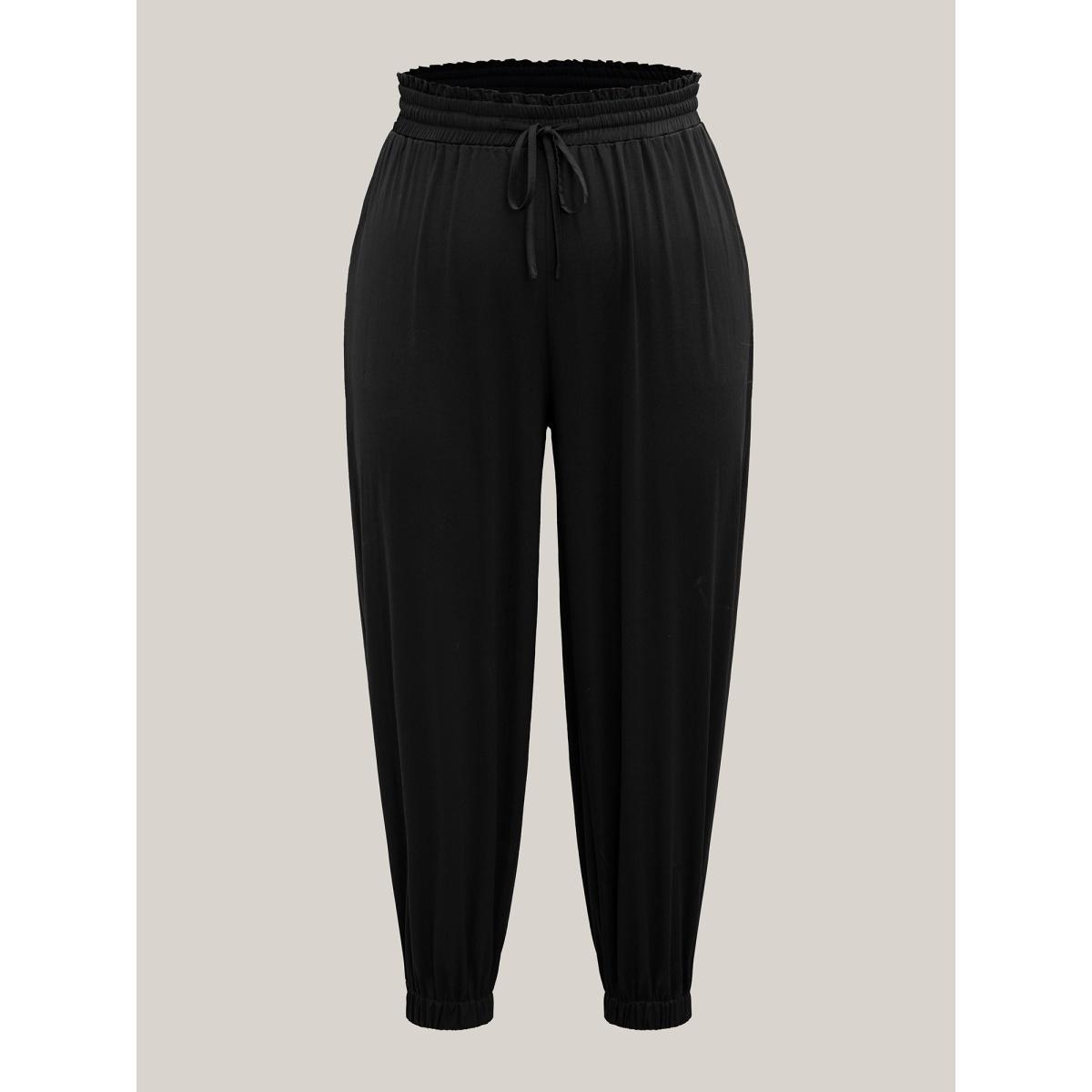 Plus Size Ruffled Waist Drawstring Tapered Pants Women Black Leisure Mid Rise Casual Pants BloomChic 22-24/3X Product Image