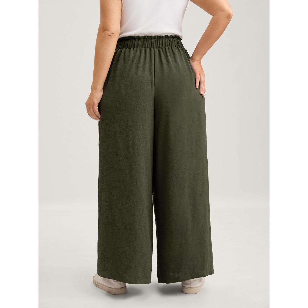 Plus Size Floral Embroidered Pockets Wide-Leg Pants Women ArmyGreen Casual Loose Mid Rise Casual Pants BloomChic 18-20/2X Product Image