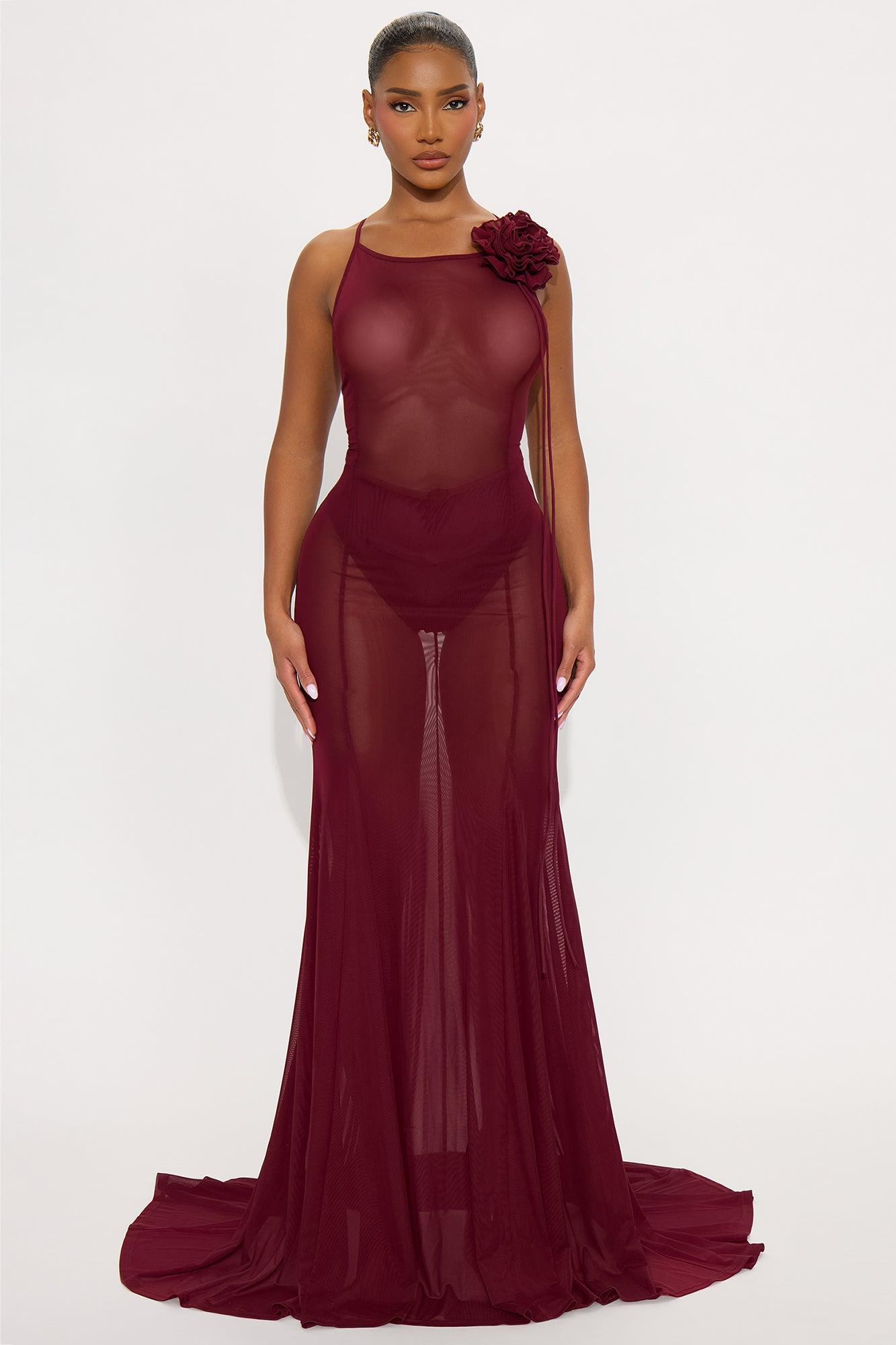 Sheer Goddess Mesh Maxi Dress - Burgundy Female Product Image