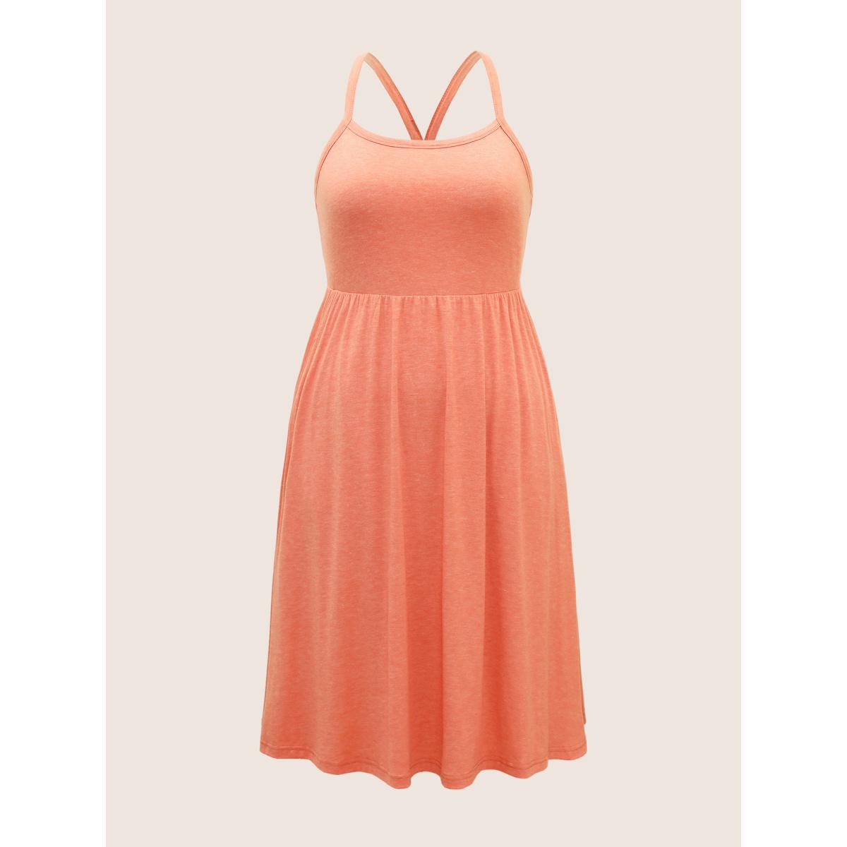 Plus Size Plain Gathered Elastic Waist Midi Cami Dress Coral Women Casual Gathered Non Sleeveless Curvy BloomChic 26/4X Product Image