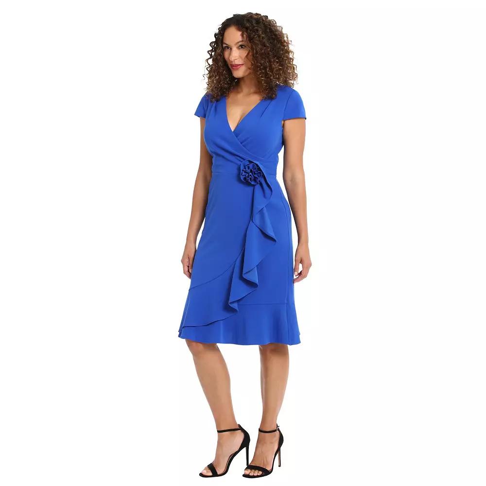 Petite London Times Surplice Neck Cap Sleeve Faux Wrap Cascade Ruffle Dress, Women's, Size: 4 Petite, Blue Product Image