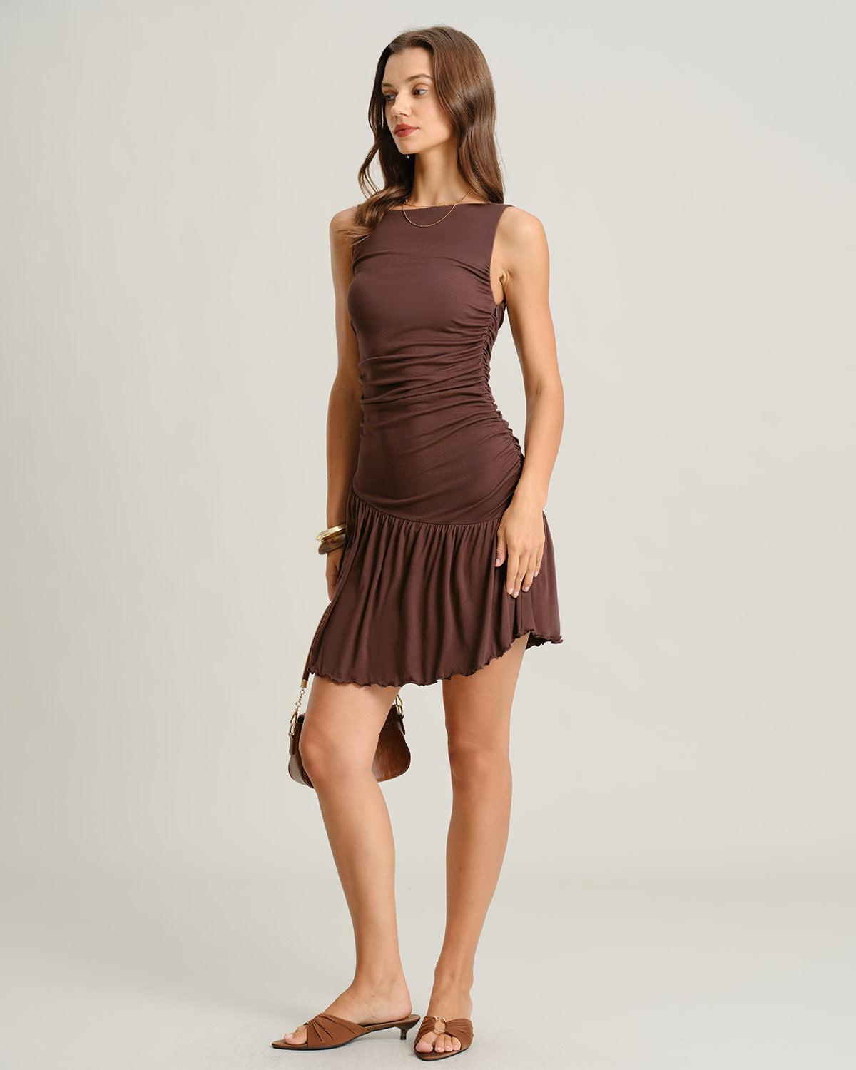 Brown Boat Neck Ruched Sleeveless Mini Dress Product Image