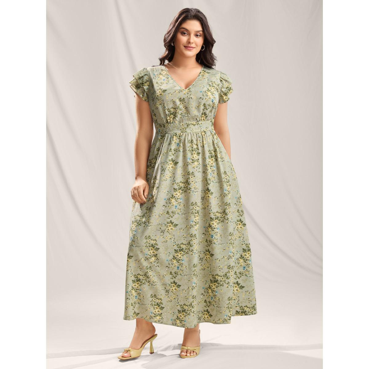 Plus Size Breezy Floral Print Flutter Sleeve Maxi Dress Sage Women V-neck Short sleeve Curvy BloomChic 30/6X Product Image