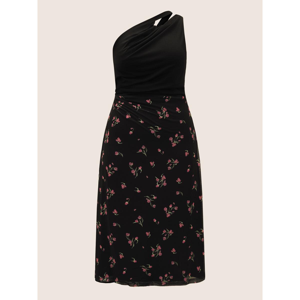 Plus Size Everywhere Dress - Cowl Neck Rose Patchwork Dress Black Women Elegant Patchwork Non Sleeveless Curvy BloomChic 22-24/3X Product Image